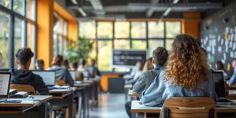In an education seminar, students with laptops sit by panoramic windows, attending a presentation. - obrazy, fototapety, plakaty