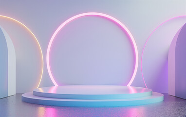 3D rendering sci-fi technology minimalist blue and gold stage podium with purple light.