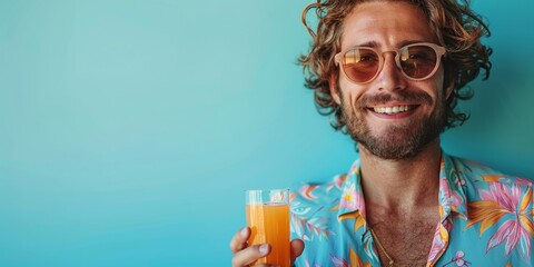 A delighted young man with curly hair and a bearded trendy style wears a floral shirt, holding a glass of juice. - obrazy, fototapety, plakaty