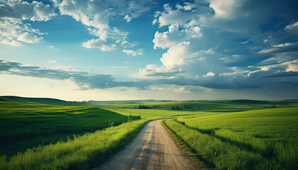 Empty country road leading through fields with green trees, clouds and sun on the sky.