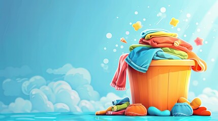 banner background National Laundry Day theme, and wide copy space, A cheerful cartoon hamper overflowing with socks, shirts, and pants, 