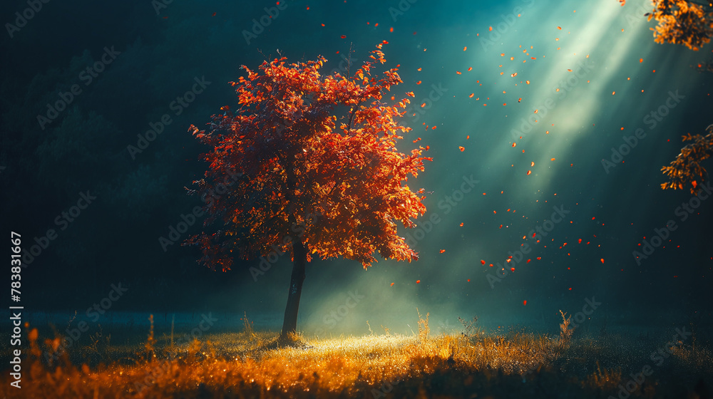 Poster a tree with red leaves is in a field with a lot of leaves falling