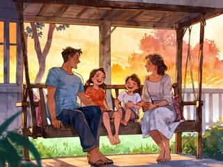 An illustration of Young family with children sitting on a porch swing and having fun in the garden at sunset in summertime. Happy family concept