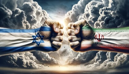 Clenched fists in Israeli and Iranian flags facing off