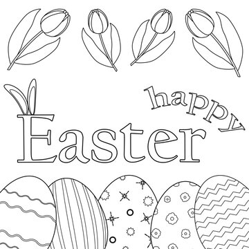 Easter decorated eggs and tulips. Hare ears. Happy Easter inscription. Childrens coloring books. Vector contour drawing