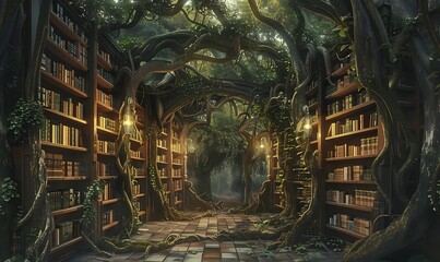 Experience a mystical library where nature merges with knowledge, featuring vibrant vine bookcases adorned with ancient symbols, whispering secrets of centuries past
