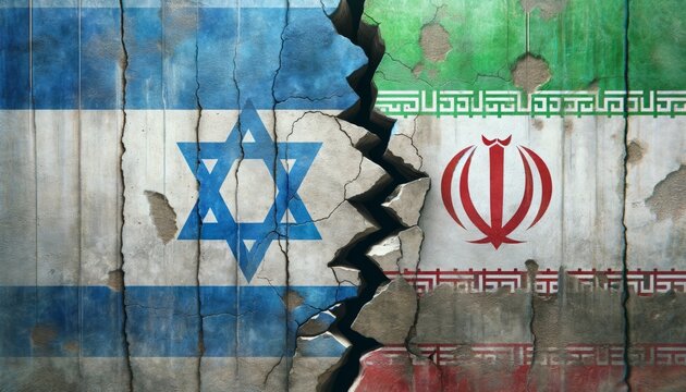 Broken wall with Israeli and Iranian flags