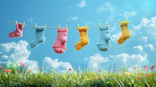 banner background National Laundry Day theme, and wide copy space, A funny illustration of a clothesline with clothes blowing in the wind, one sock escaping and flying away