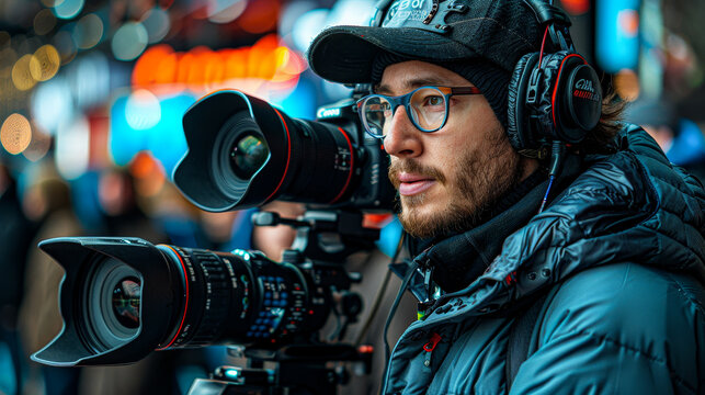 A reporter on the scene of a major sports event, capturing the excitement and intensity of the competition