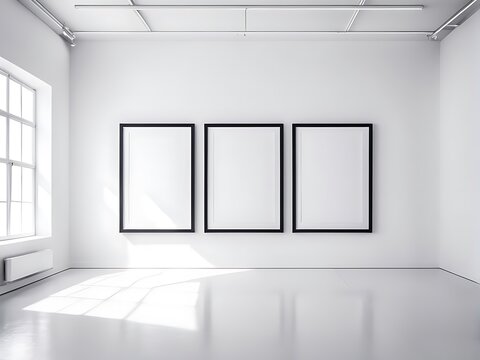  An empty white studio space with three poster frames standing on a spotless wall would provide a great backdrop for a mockup image design. 