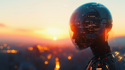 A woman in a futuristic helmet stands in front of a city skyline at sunset