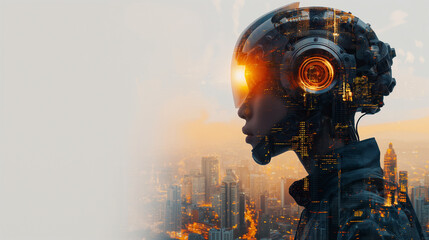 A woman with a futuristic head and a city in the background