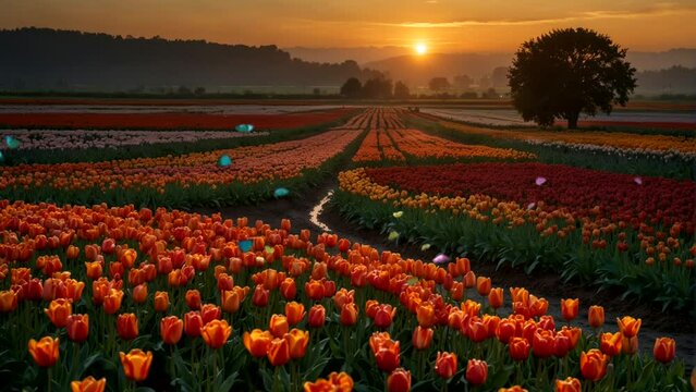 A view of a field of tulips and butterflies, at sunrise, in spring. Seamless looping 4k time-lapse animation video background