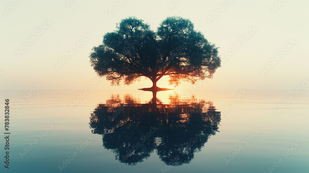 Poster a tree is floating on the water with its reflection in the water