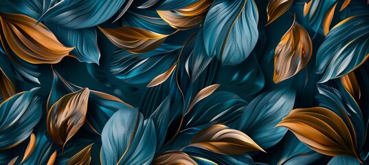 3D abstract art background with golden and teal leaves on dark blue, wallpaper design for wall decoration in the style of interior mural poster print modern painting illustration. 