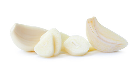 Front view of fresh white garlic cloves with half and slices in stack isolated on white background...