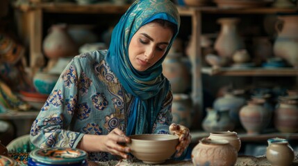 A woman of Middle Eastern descent wearing hijab takes a pottery class to learn a new skill