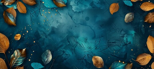 3D abstract art background with golden and teal leaves on dark blue, wallpaper design for wall decoration in the style of interior mural poster print modern painting illustration. 