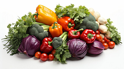 3D depiction of a group of mixed vegetables in a dynamic arrangement, isolated on white background