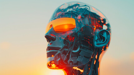 A robot head with sunglasses on a sunny day