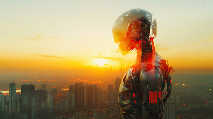 A robot stands in front of a city skyline at sunset