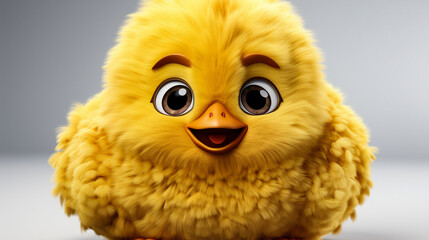 Friendly 3D render of a yellow duck plushie toy with a cute beak, fluffy feathers, and a cheerful pose - obrazy, fototapety, plakaty