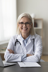 Vertical portrait of smiling mature physician or cardiologist posing for camera seated at workplace...