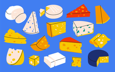 Different kinds of cheese. Vector flat pieces of cheese isolated on blue background.