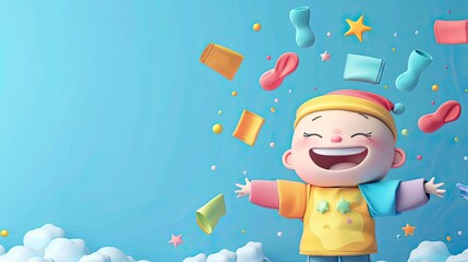 banner background National Laundry Day theme, and wide copy space, A cartoon character juggling colorful socks and underwear, 