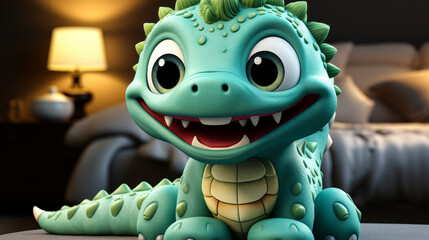 Playful 3D depiction of a green dinosaur plushie toy