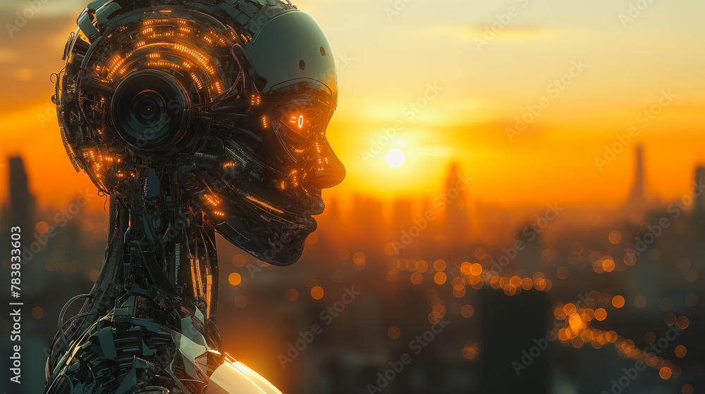 Poster a robot with a face and a city in the background