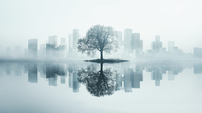 A tree is reflected in the water of a lake