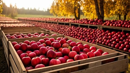  Bountiful harvest of apples in wooden crates - obrazy, fototapety, plakaty