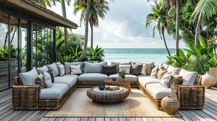 Tropical-themed 3D render of a rattan straw sectional sofa set on a wooden deck, overlooking palm...