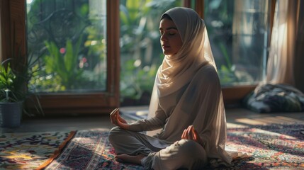 A woman from the Middle East wearing hijab practices meditation in her home