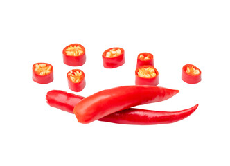 Top view set of red chili pepper or cayenne pepper with slices in stack isolated on white...