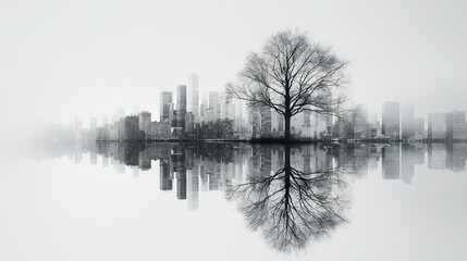 A city skyline is reflected in the water, with a tree in the foreground