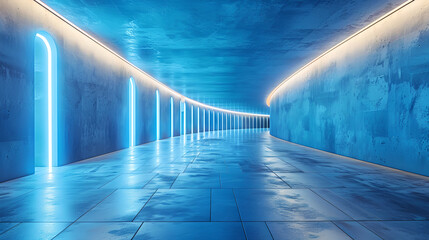 Endless Perspective of a Blue Neon-Glow Corridor, Generative AI