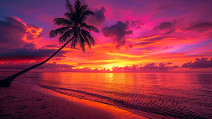 a stunning beach with a palm tree on a tropical island during sunset, the sky painted with shades of orange, pink, and purple. The palm tree is silhouetted against the vibrant sky, Generative AI