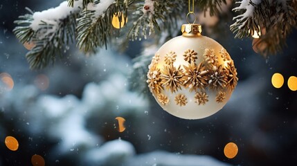 Hanging snow ball with fir branch and golden glitter on blurred snow background.