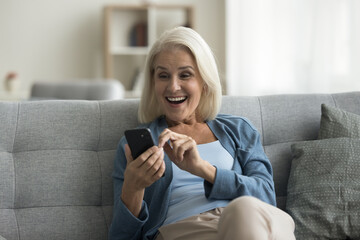 Overjoyed mature woman sit on sofa gawp at cellphone screen with mouth opened, looks amazed, feel...
