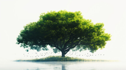 A large tree is surrounded by a body of water - Powered by Adobe