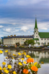 City details, exploring the capital of Iceland, Reykjavik on foot in beautiful summer day - obrazy, fototapety, plakaty