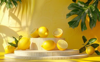 Podium lemon vitamin stand background pedestal presentation food stage summer juice c beauty dry natural wood drink