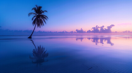 Fototapeta na wymiar a peaceful beach with a palm tree on a tropical island, the sky transitioning from blue to soft lavender and pink hues, reflecting on the calm sea. The palm tree stands elegantly, Generative AI