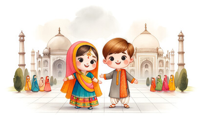Obraz na płótnie Canvas Girl and boy in traditional Indian, Cute illustration of children in vibrant Indian traditional attire with the Taj Mahal and visitors in the background. 