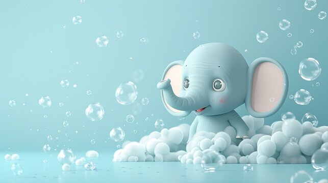 banner background National Laundry Day theme, and wide copy space, An adorable cartoon elephant using its trunk to do laundry, surrounded by soap bubbles, 