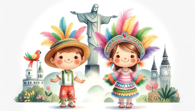 Girl and boy in traditional, Illustration of adorable children dressed in colorful traditional costumes with iconic world landmarks and a bird.
