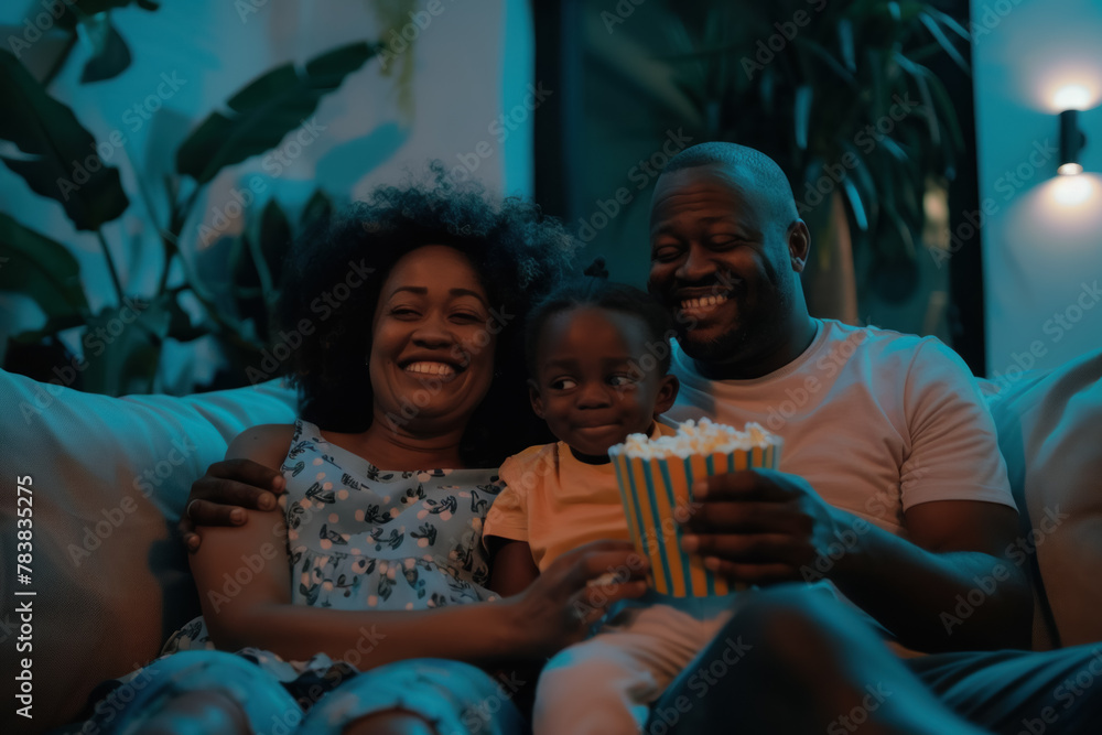 Poster Happy Family Enjoying Movie Night at Home with Popcorn