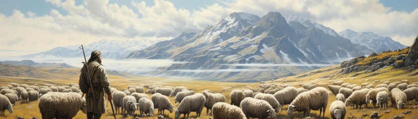 A painting of a shepherd with his sheep in a field.